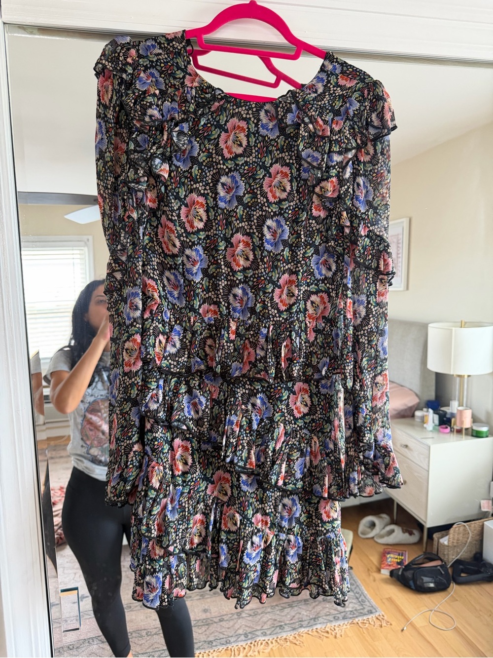 AllSaints Black Floral Ruffle Tiered Mini Dress with Pink & Blue Flowers